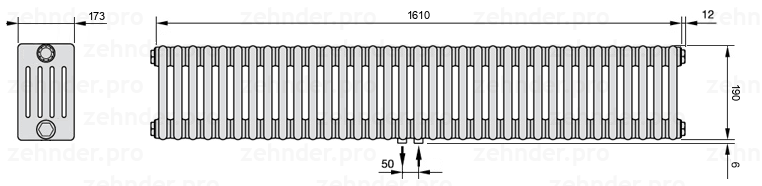 Схема (чертеж) Радиатор Zehnder Charleston 5019/35 №5410 Белый глянцевый RAL 9016